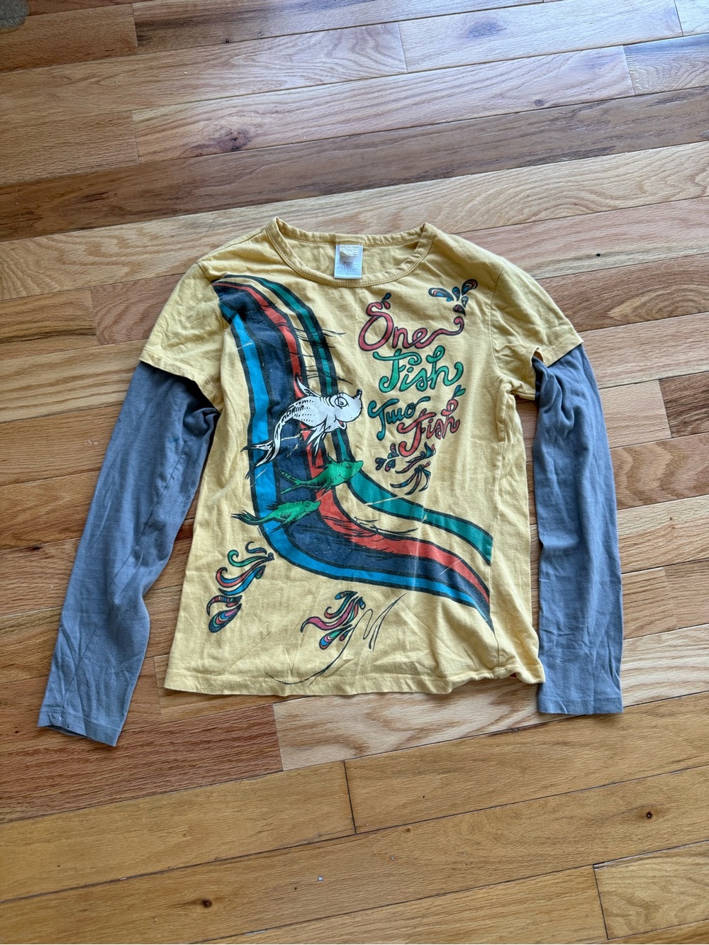 Vintage Dr Seuss Mighty Fine Yellow Graphic Long Sleeve Tee with Gray Sleeves